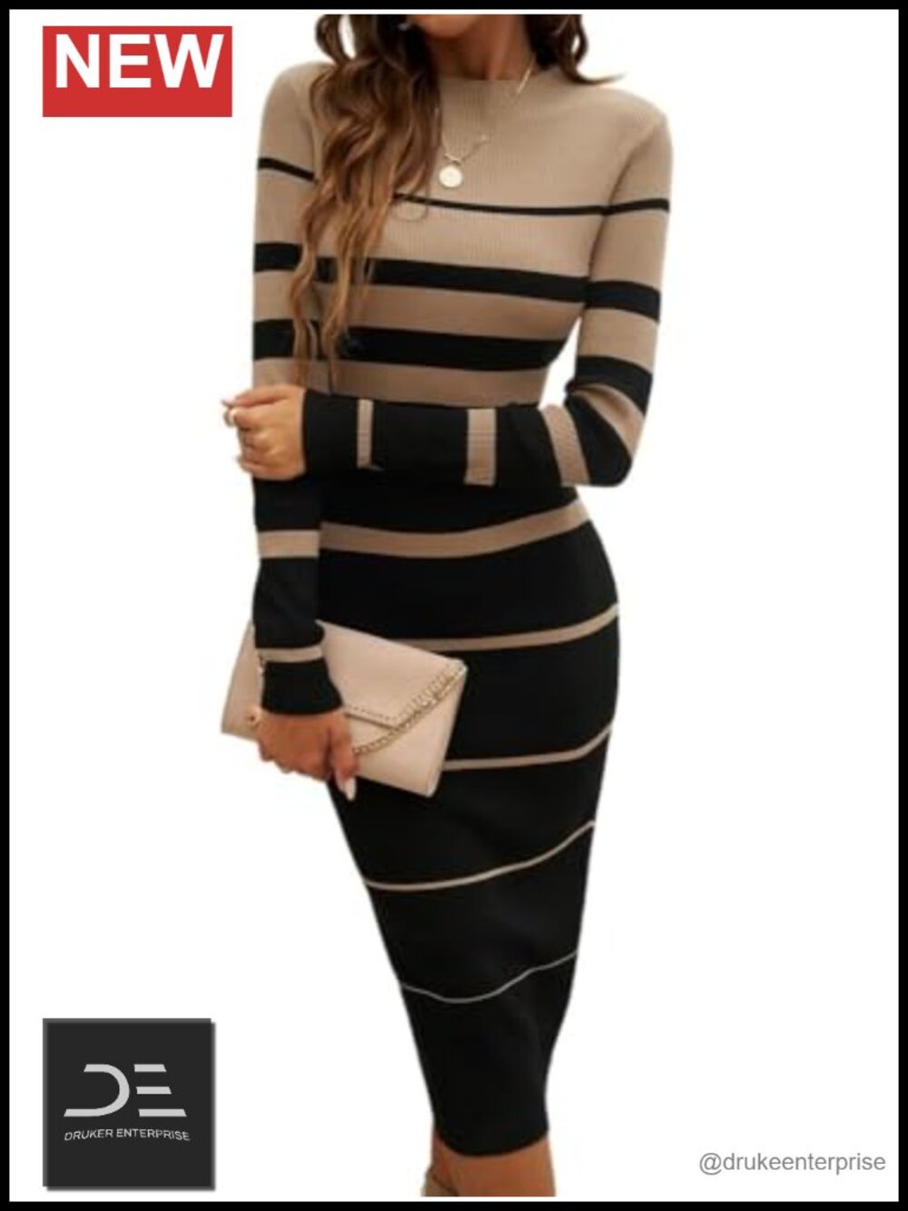Striped Ribbed Knit Bodycon Midi Dress Long Sleeve Crew Neck Slim Fit